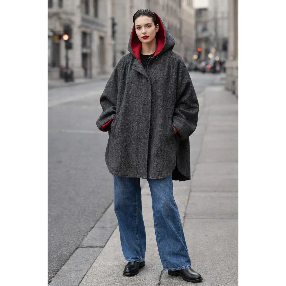 Vintage 90s Wool Hooded Swing Coat Cocoon Dolman Herringbone Small - Picture 1 of 14